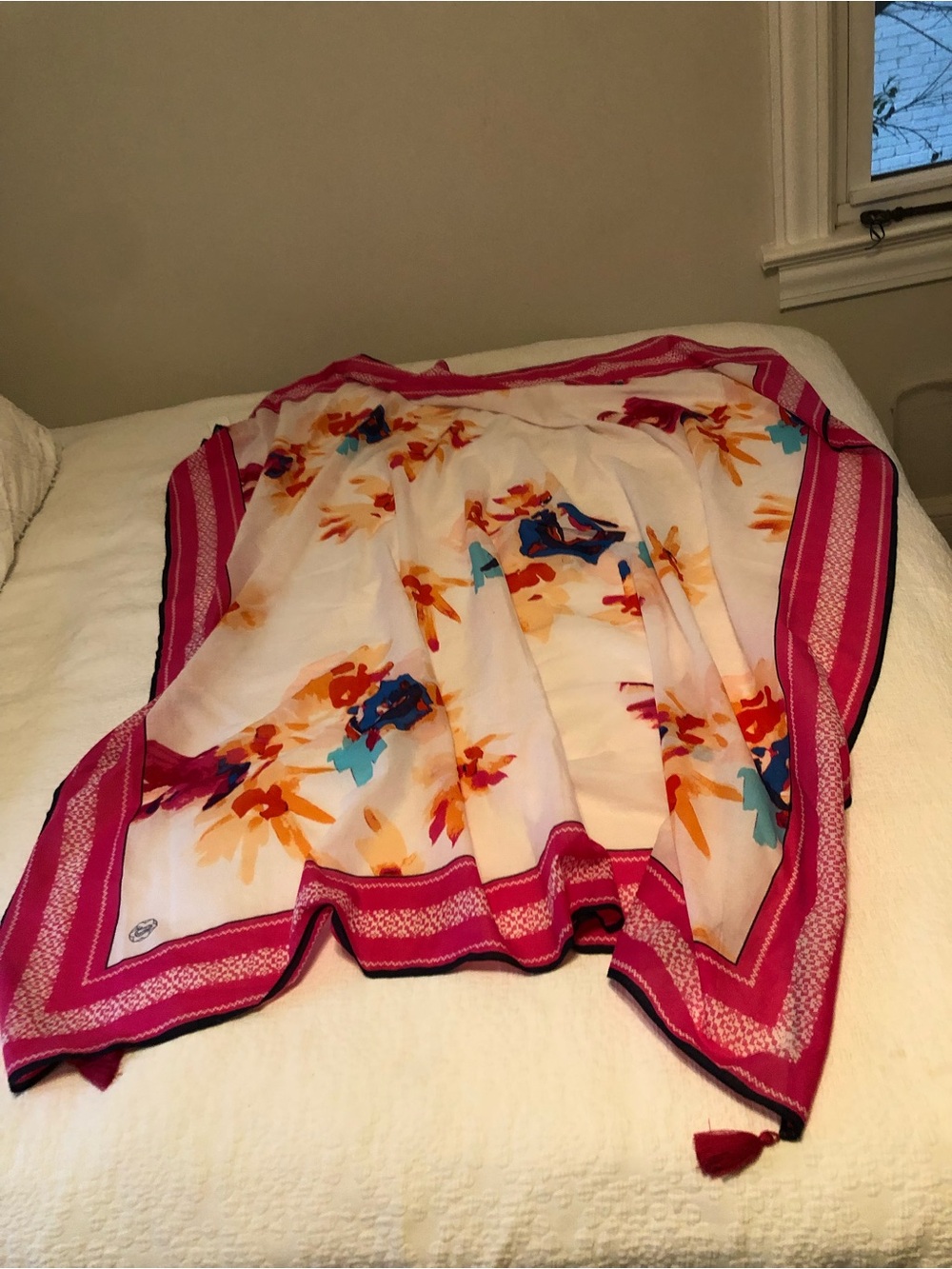 DRAPER JAMES Floral Print Pink Border Scarf 50” x 50” NWT